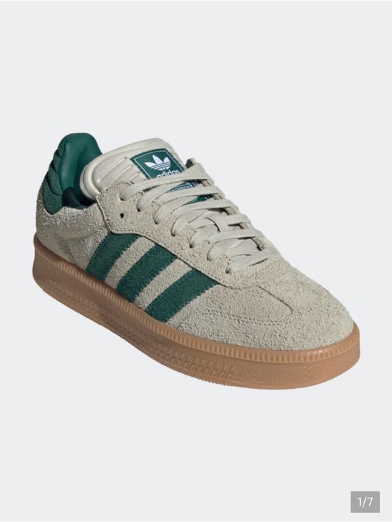 adidas Shoes - adidas unisex Samba XLG Suede Sneakers in Putty Gray with Green Stripes